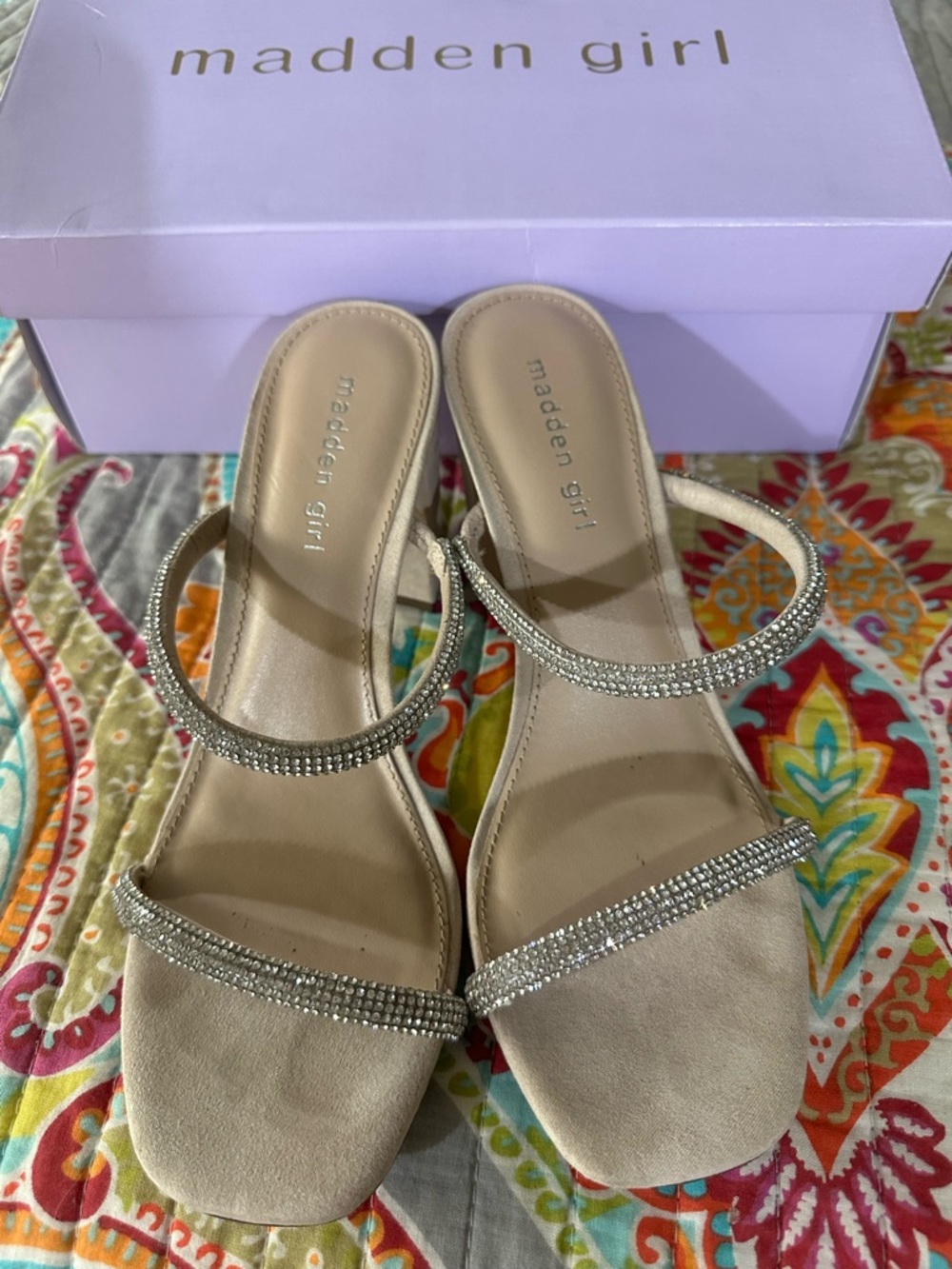 Madden Girl Nude Rhinestone Double-Strap Heeled Slides